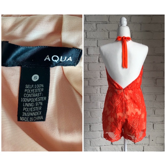 Aqua Floral Lace Coral Orange Halter Shorts Romper - Picture 4 of 8